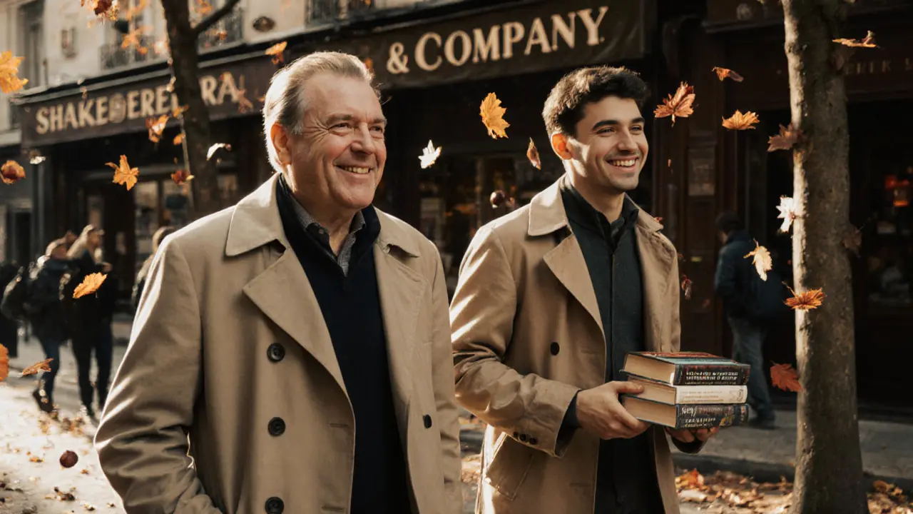 A man walking beside a companion outside Shakespeare and Company bookstore, holding books in autumn light.