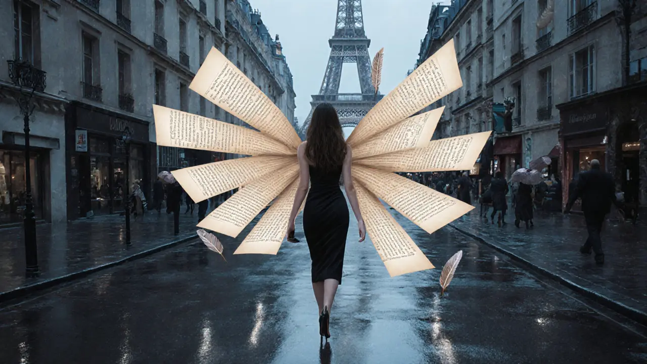 A modern escort walks through Paris as pages of classic French novels float around her like wings.