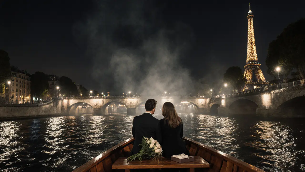 A private boat drifts along the Seine with the Eiffel Tower sparkling in the distance.