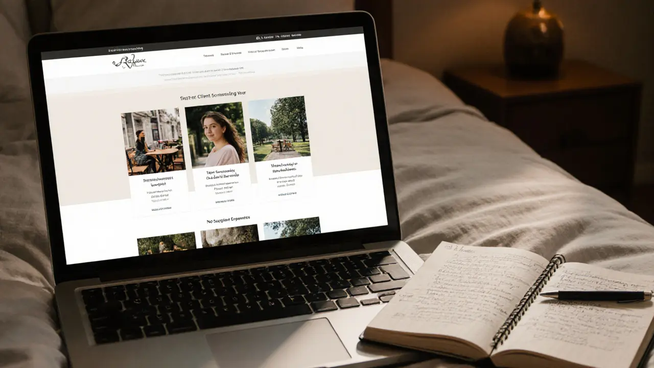 A professional escort&#039;s website on a laptop with natural photos and handwritten financial notes.