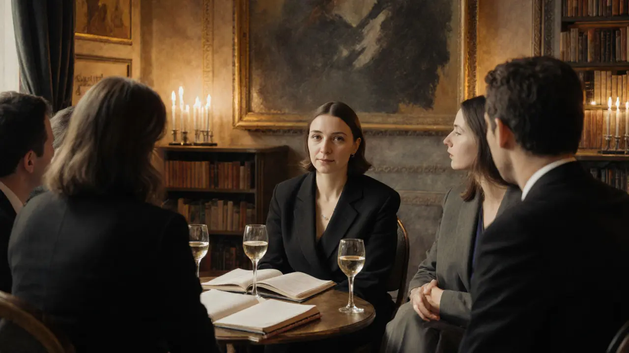 A quiet gathering in a private salon with guests listening intently, candlelight reflecting off books and wine glasses.