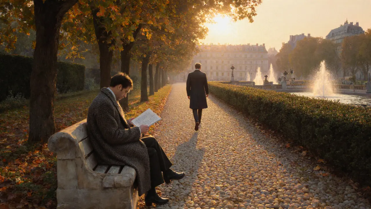 A serene moment in Luxembourg Palace garden at sunset, one person reading, another walking along a quiet path.