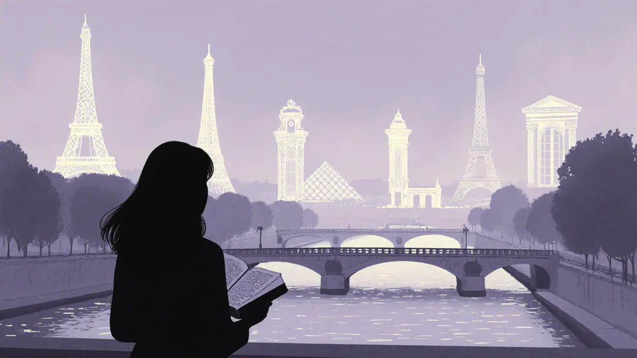 A silhouette by the Seine at dusk, surrounded by faint cultural icons, representing intellectual companionship and hidden elegance.