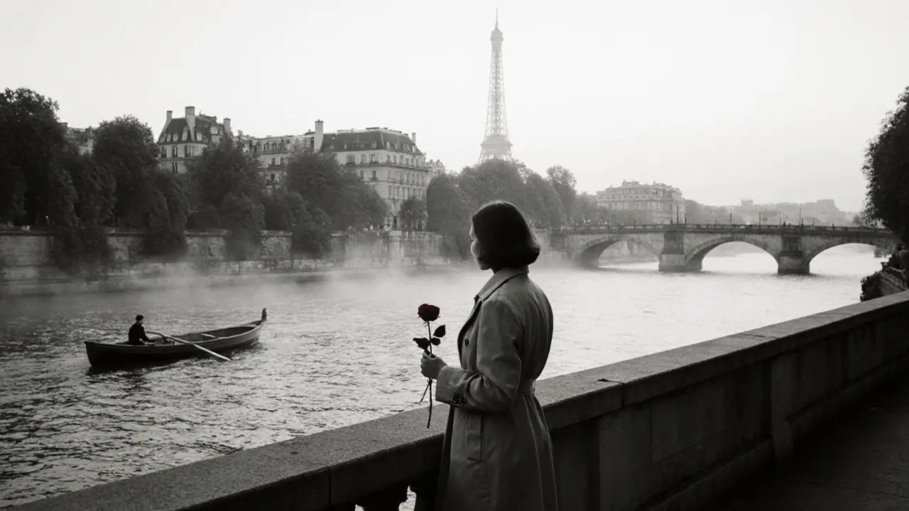 A solitary figure stands by the Seine at dawn, holding a rose, mist rising over the water near Luxembourg Gardens.