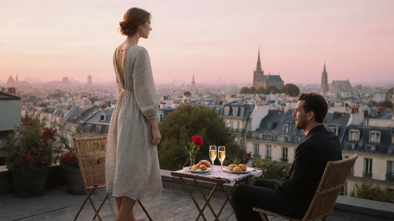 A sunrise rooftop picnic in Montmartre with champagne and pastries overlooking Paris.