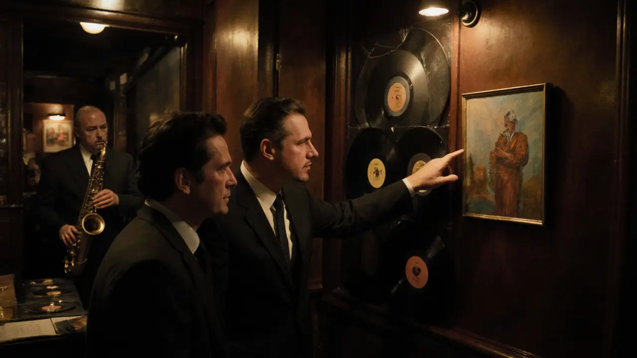 A traveler and companion discuss art in a hidden Montmartre jazz bar at night.