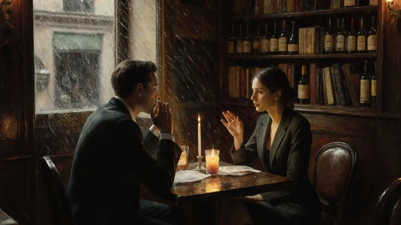 A traveler and companion share a quiet moment in a cozy Parisian wine bar at night.