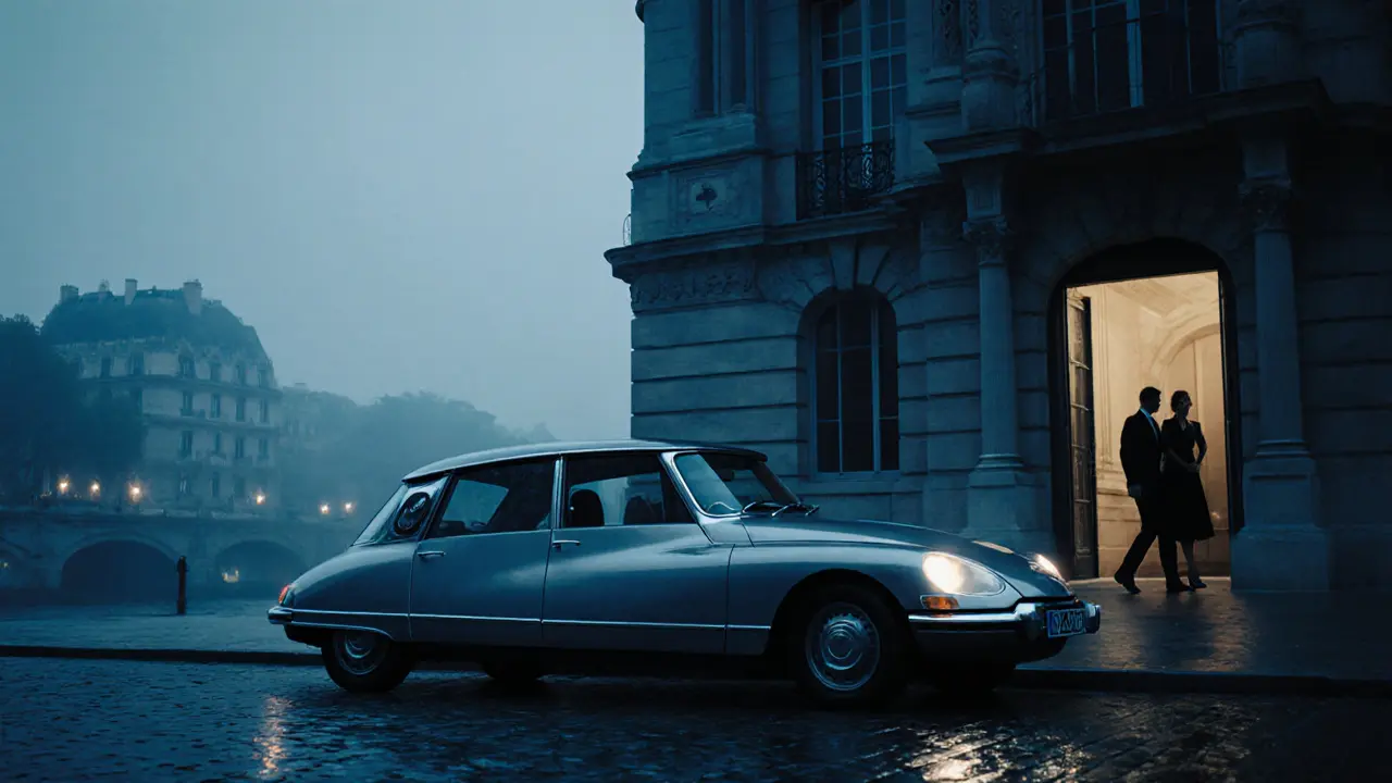 A vintage Citroën DS outside the Musée d’Orsay at dusk, two silhouettes exiting quietly into the mist.