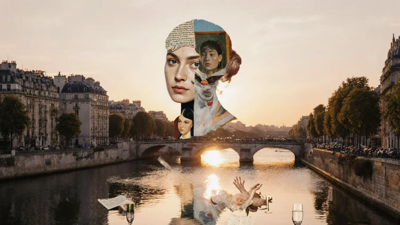 A woman&#039;s silhouette fades into brushstrokes of famous portraits, floating above the Seine at sunset.