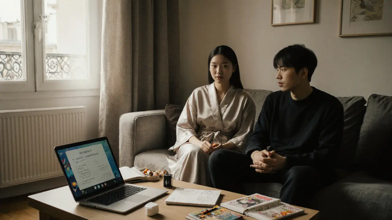 A woman and young man from Tokyo talking over books and sushi in a sunlit Paris apartment.