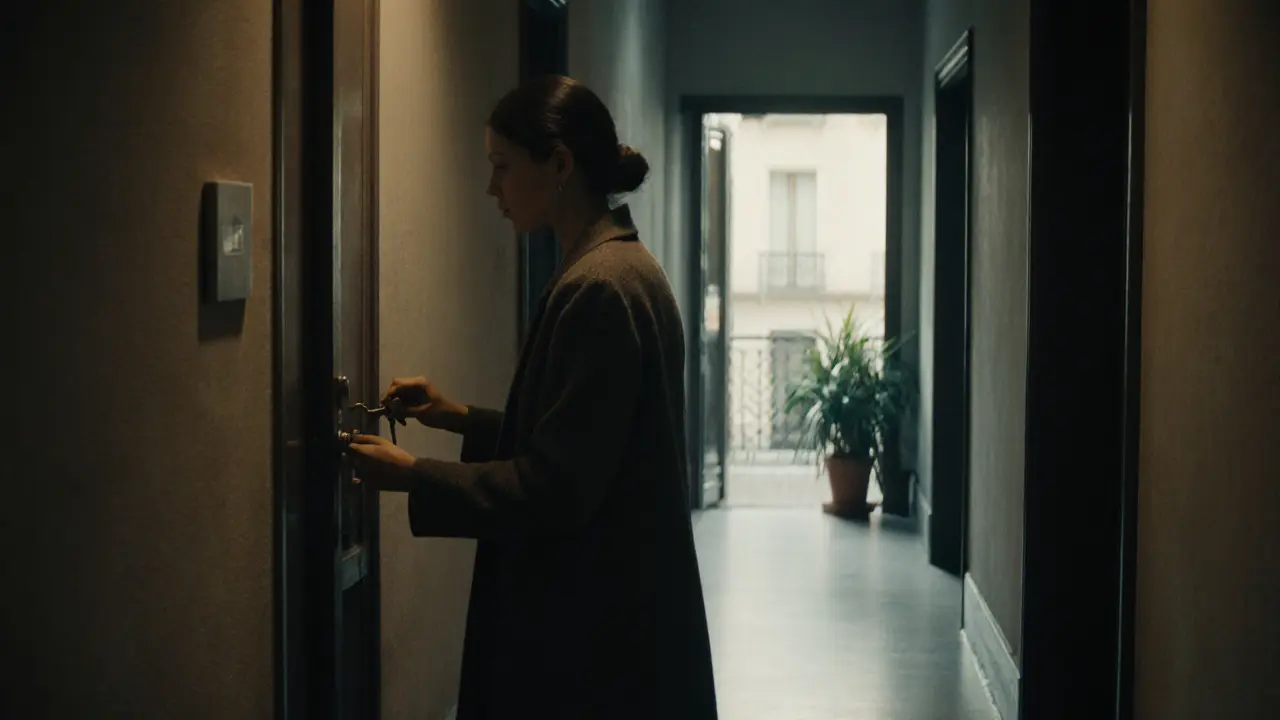 A woman holding a key at the doorway of a quiet Vaugirard apartment, calm and composed.