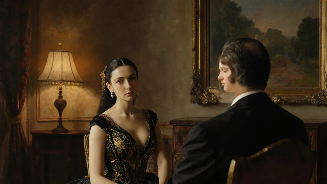 A woman in a gold-and-black gown sits beside a man in a luxurious parlor, surrounded by classic French paintings.