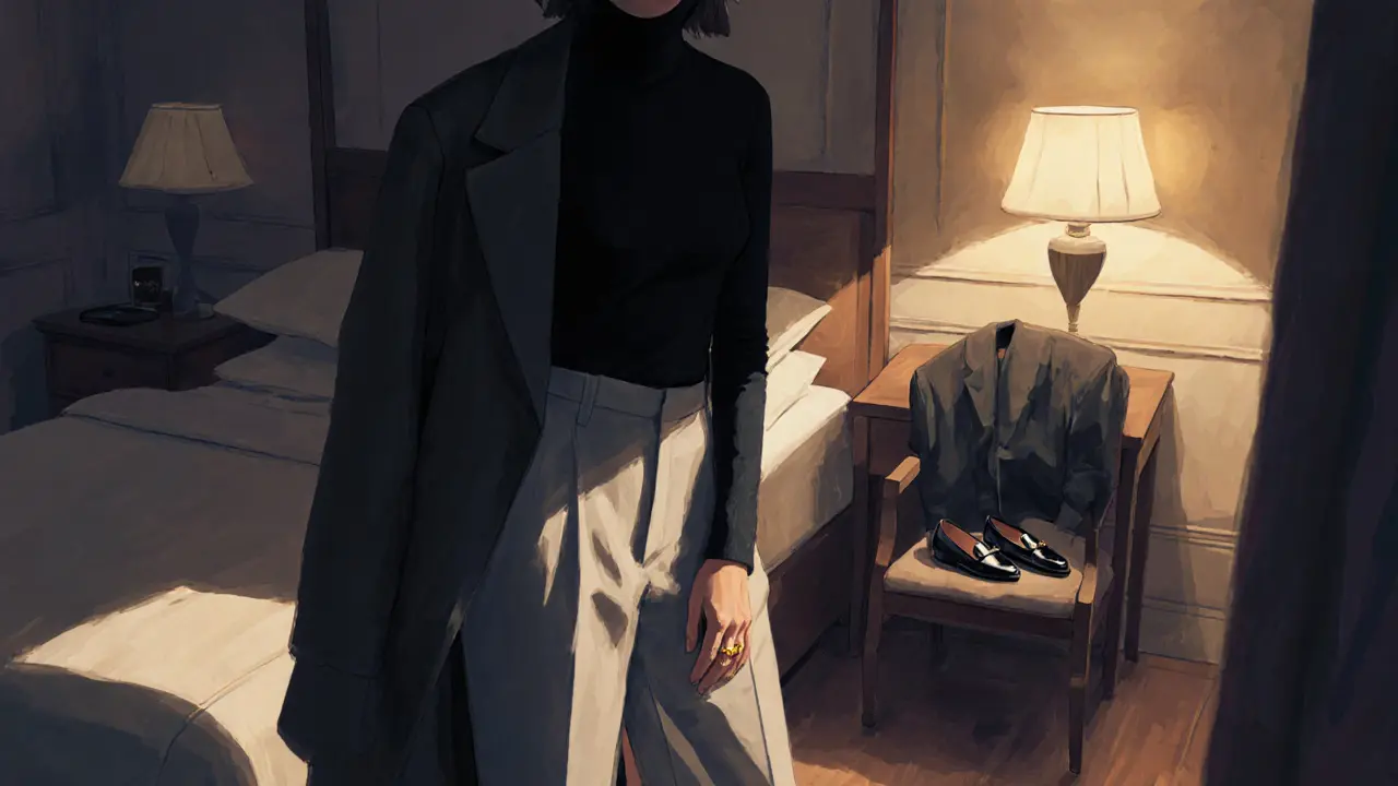 A woman in minimalist luxury attire stands calmly in a dim hotel room, gold ring and loafers hinting at quiet elegance.
