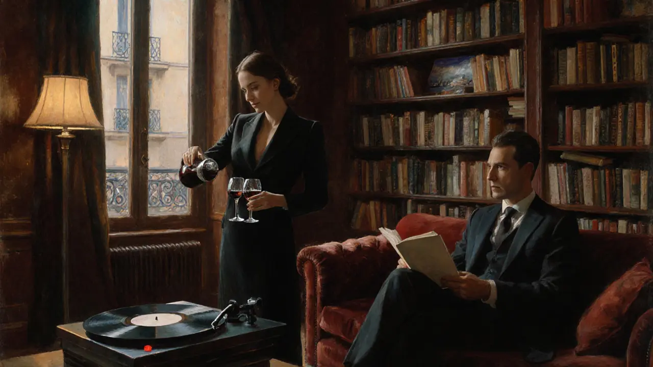 A woman pouring wine in a cozy Paris apartment filled with books and vinyl records, soft twilight lighting.