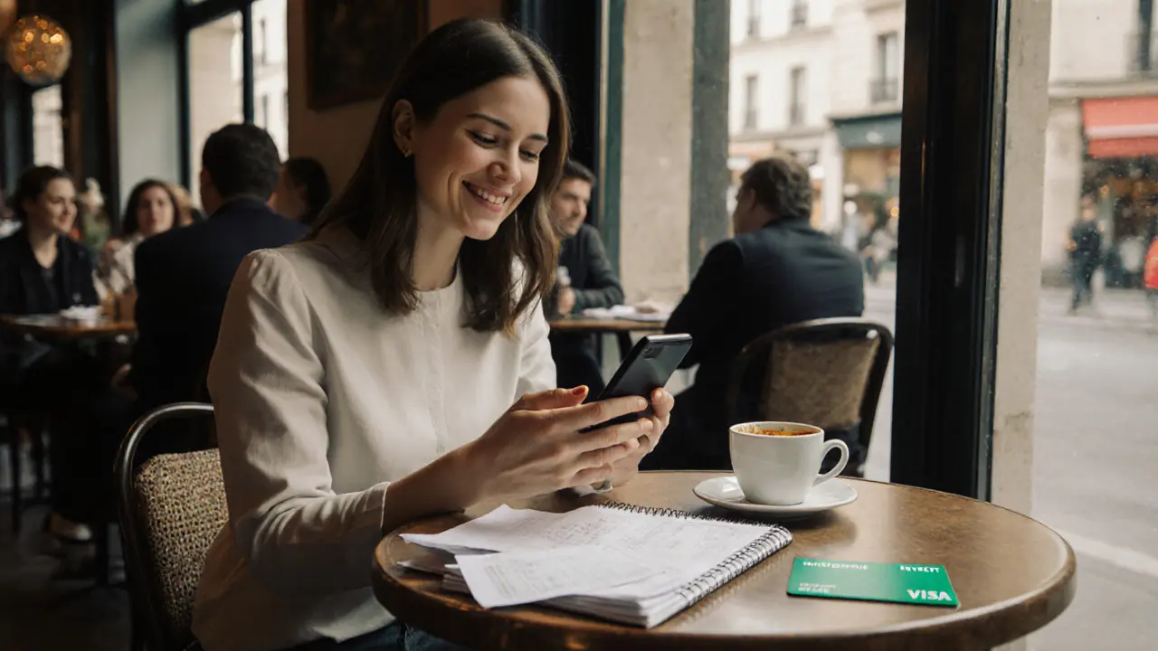 A woman reviewing finances in a Paris café, receipts and notebook beside her coffee.