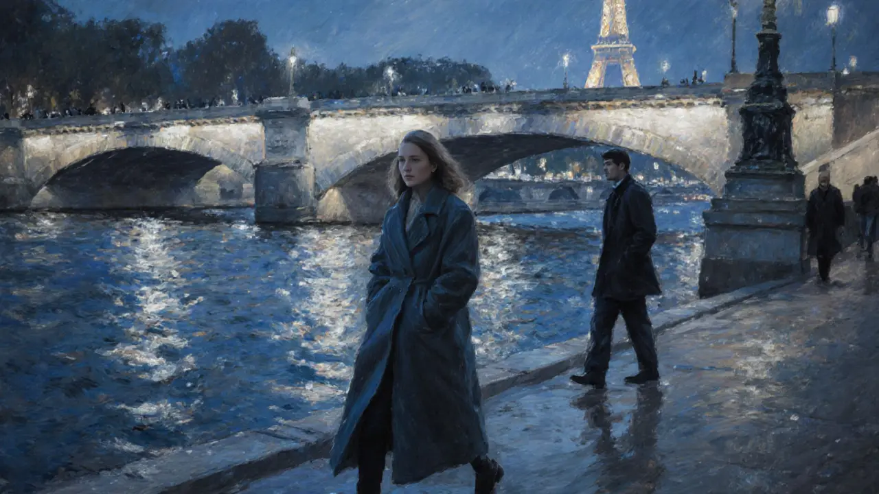 A woman walks alone by the Seine at night, the city lights reflecting softly on the water.