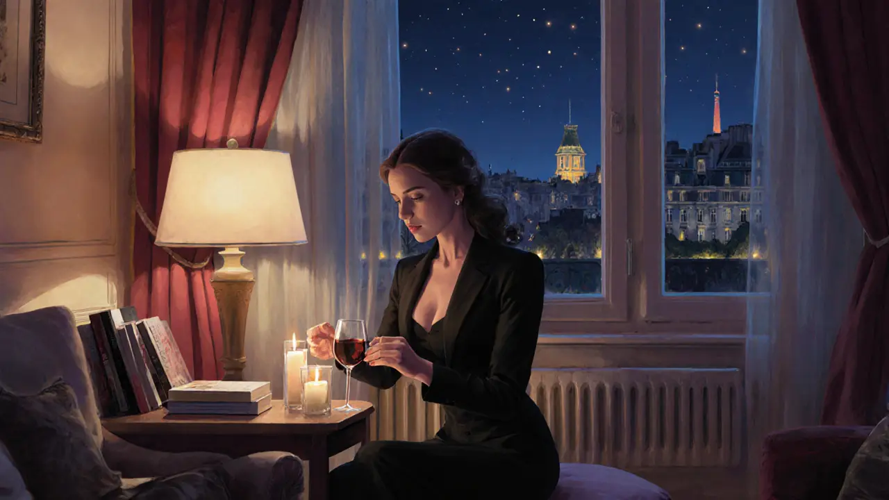 An elegant Parisian apartment at night, candles and wine set for a quiet evening, city lights visible through the window.