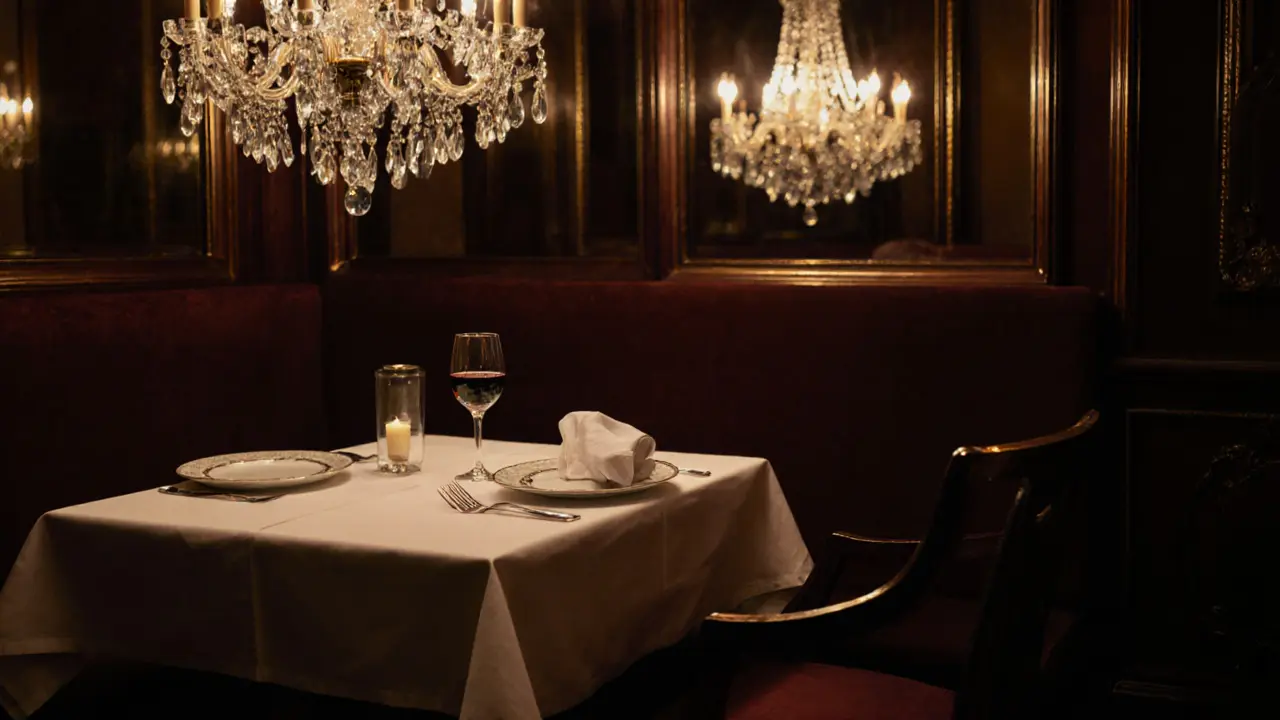 An empty chair at a luxurious Parisian restaurant, set for one, with fine dining details and warm lighting.