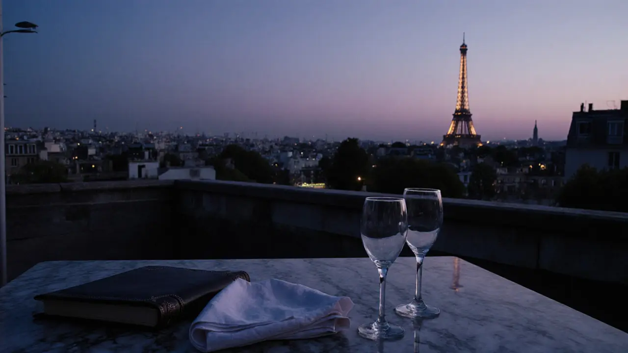 An empty rooftop terrace at twilight with the Eiffel Tower in distance, wine glasses and journal left behind.