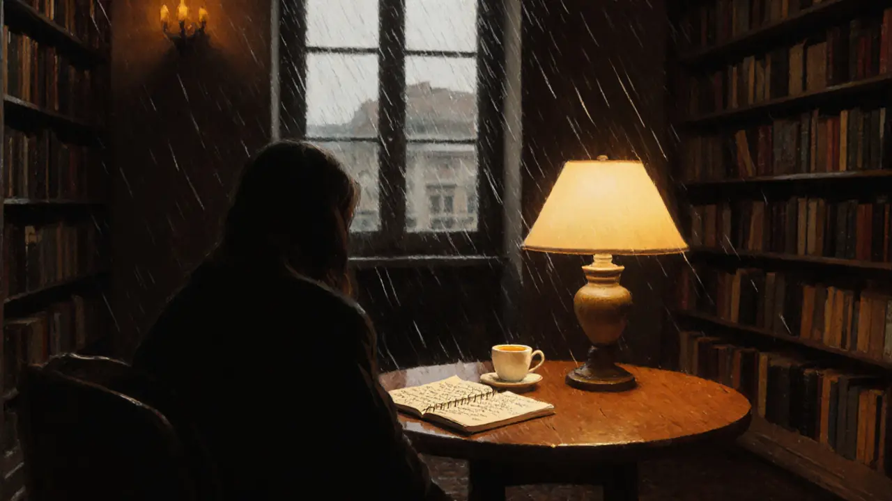 An empty table in a bookshop’s reading room, rain on the windows, a notebook and coffee under a warm lamp.
