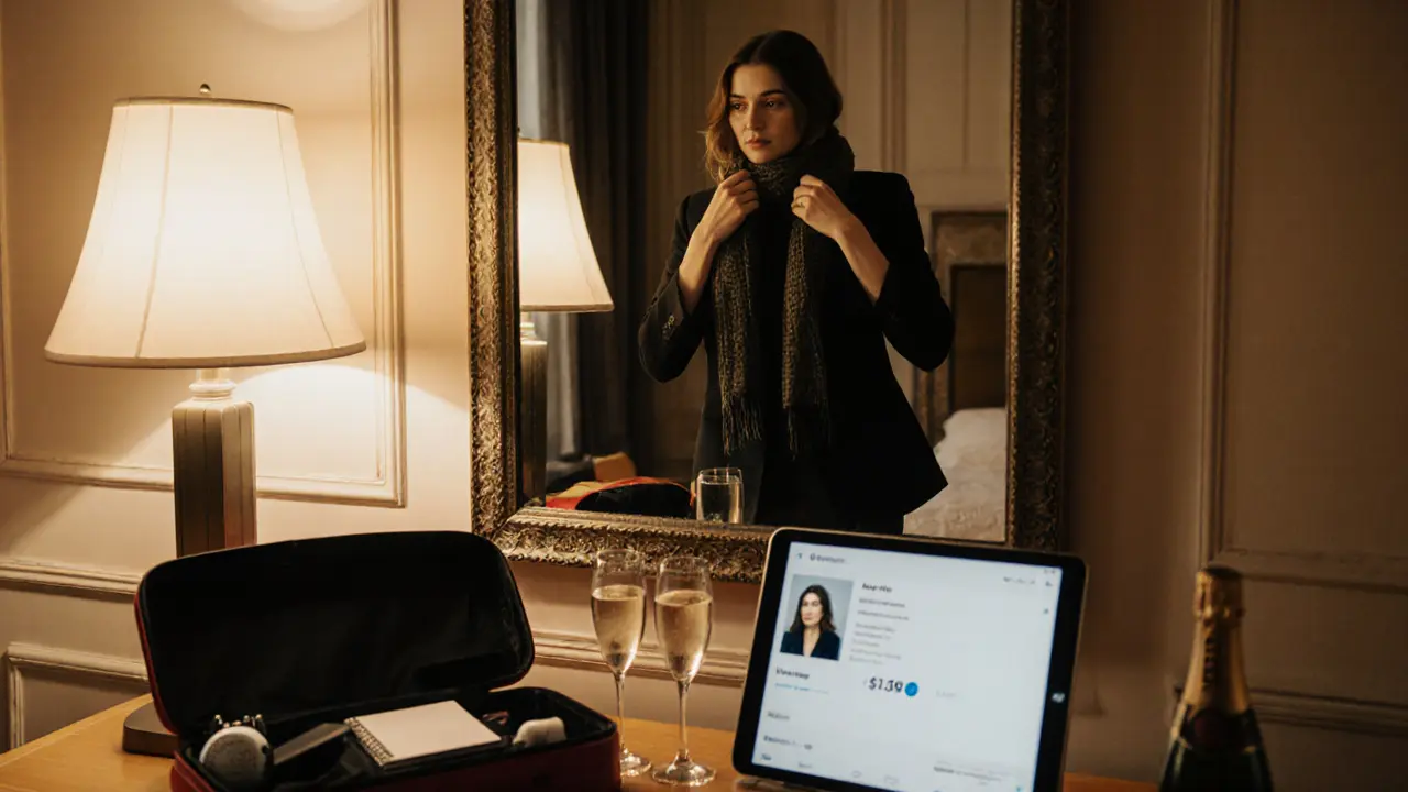An escort preparing in a hotel room with a burner phone and personal alarm nearby.