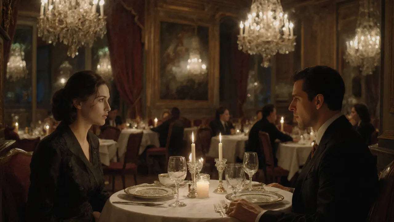 An intimate candlelit dinner at a historic Parisian restaurant with refined table setting and quiet conversation.