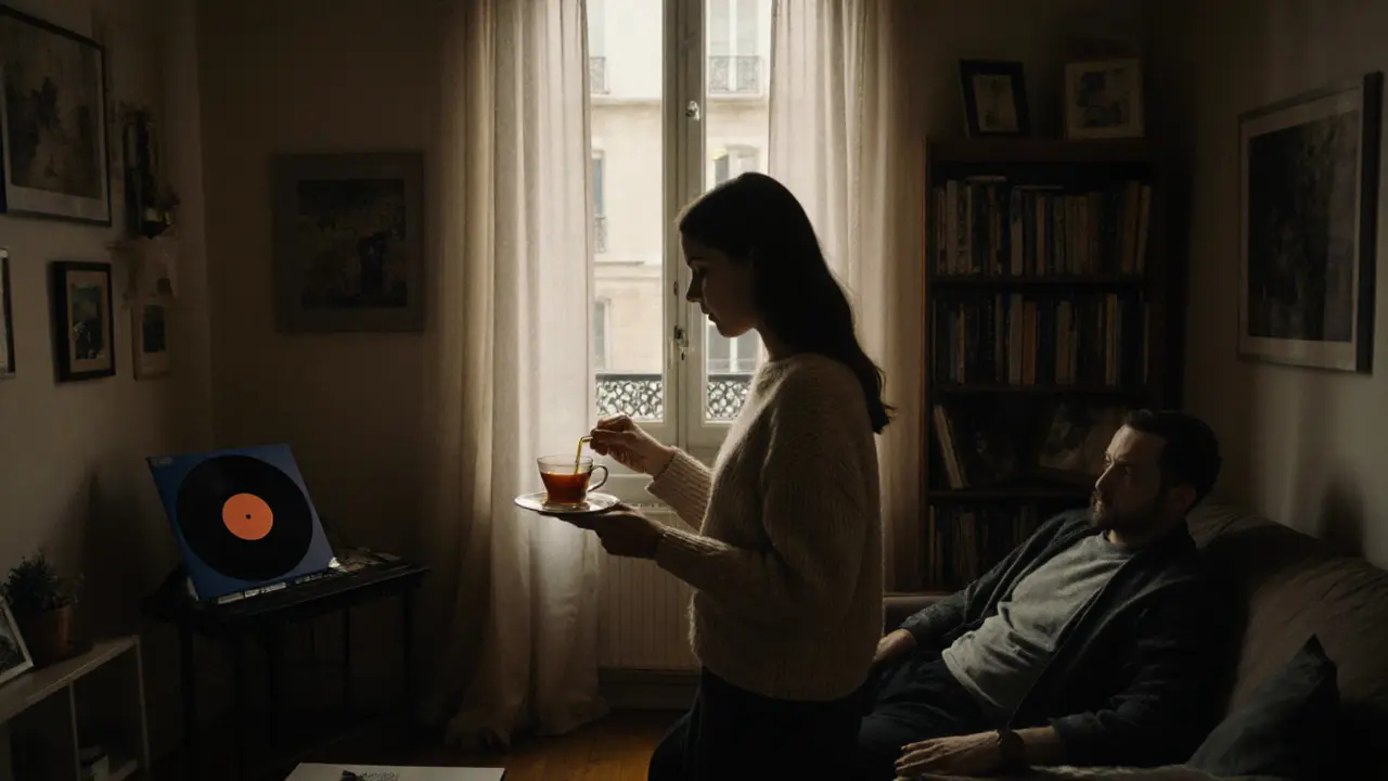 An intimate evening in a Paris apartment, tea being served with warmth and calm.