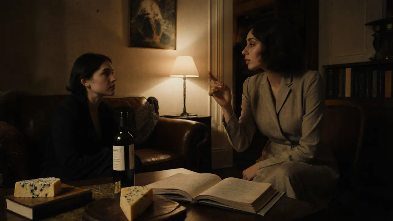 An intimate evening in a private Parisian apartment with wine, cheese, and classic literature under soft lamplight.