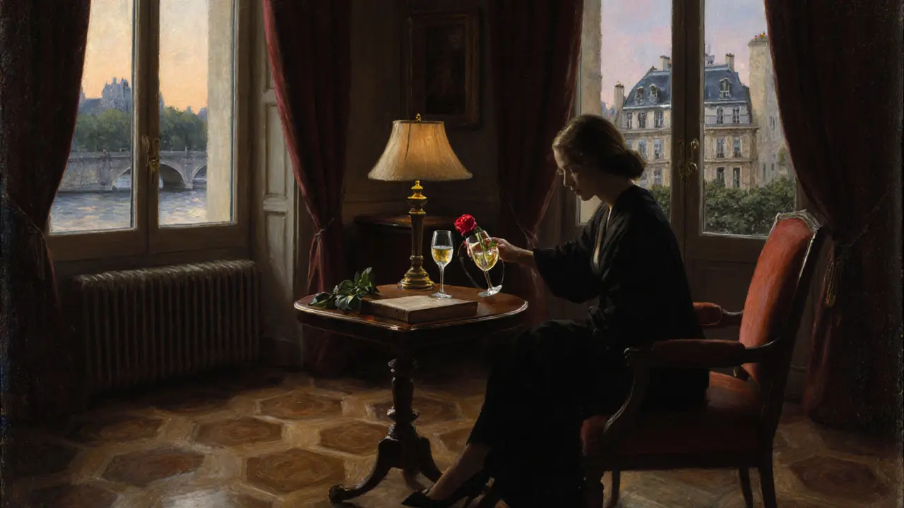An intimate salon setting with a woman pouring wine beside a book and rose, soft light glowing on parquet floors and French windows.