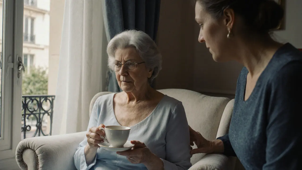 An older woman sits with a compassionate companion in a softly lit Parisian apartment, tears on her cheek.