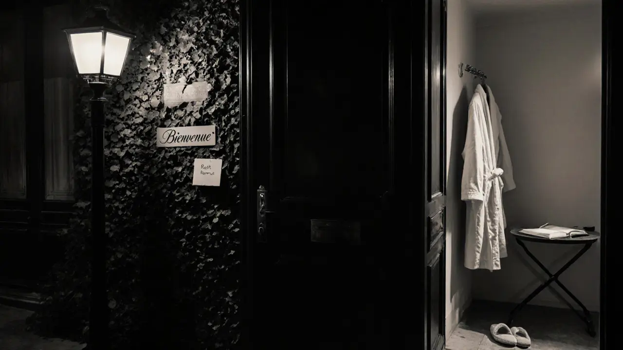 An unmarked door in a quiet Parisian neighborhood, inviting and discreet, with soft evening light.