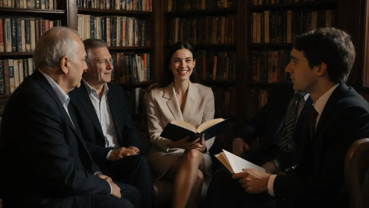 Companions engaging in thoughtful conversation with clients in a quiet Paris library.