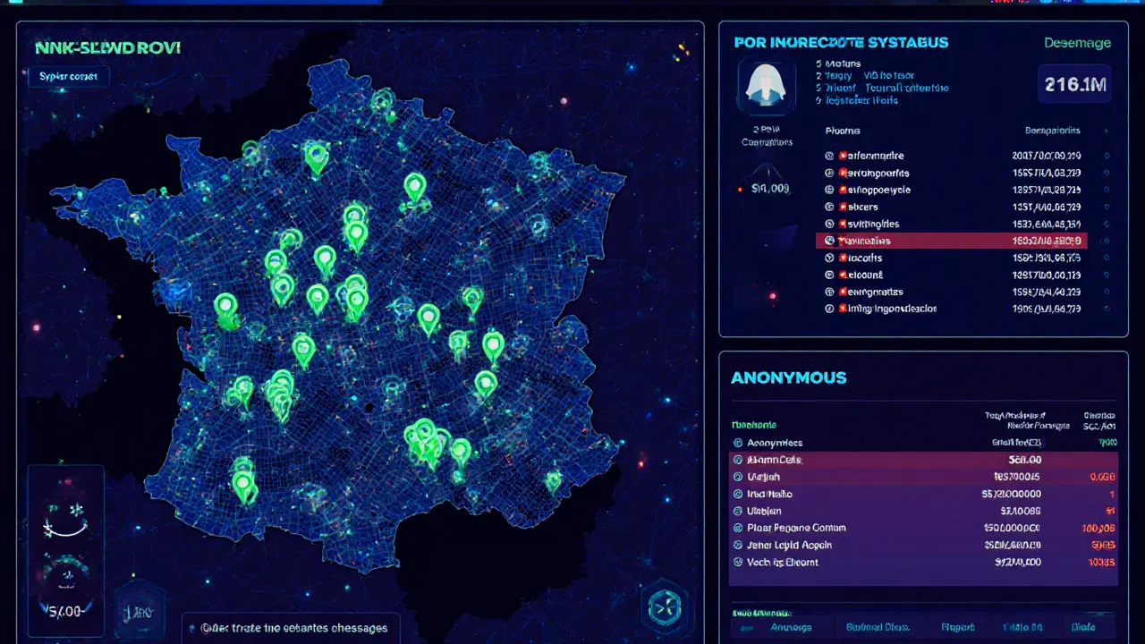 Digital map of Paris with verified escort profiles and AI monitoring system in futuristic style.