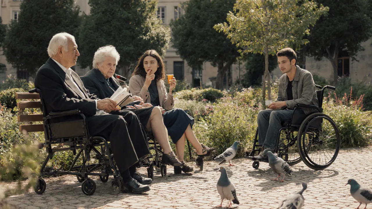 Diverse individuals sit quietly together in a sunlit garden, sharing peaceful, unspoken companionship.