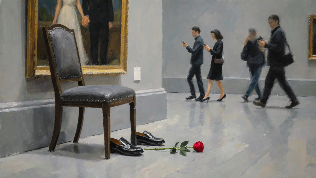 Empty chair and polished shoes beside a painting in a quiet museum, symbolizing unspoken connection.