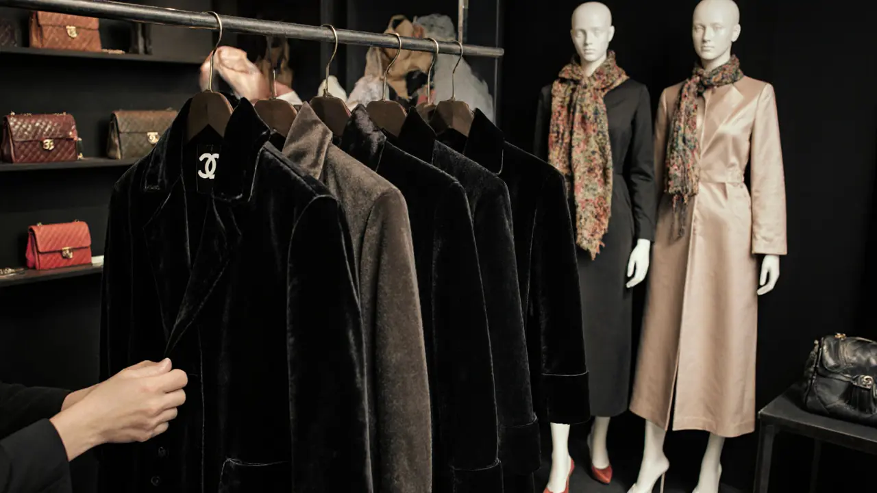 Five identical Chanel coats hang in a discreet atelier, suggesting a shared wardrobe for high-end escort services.
