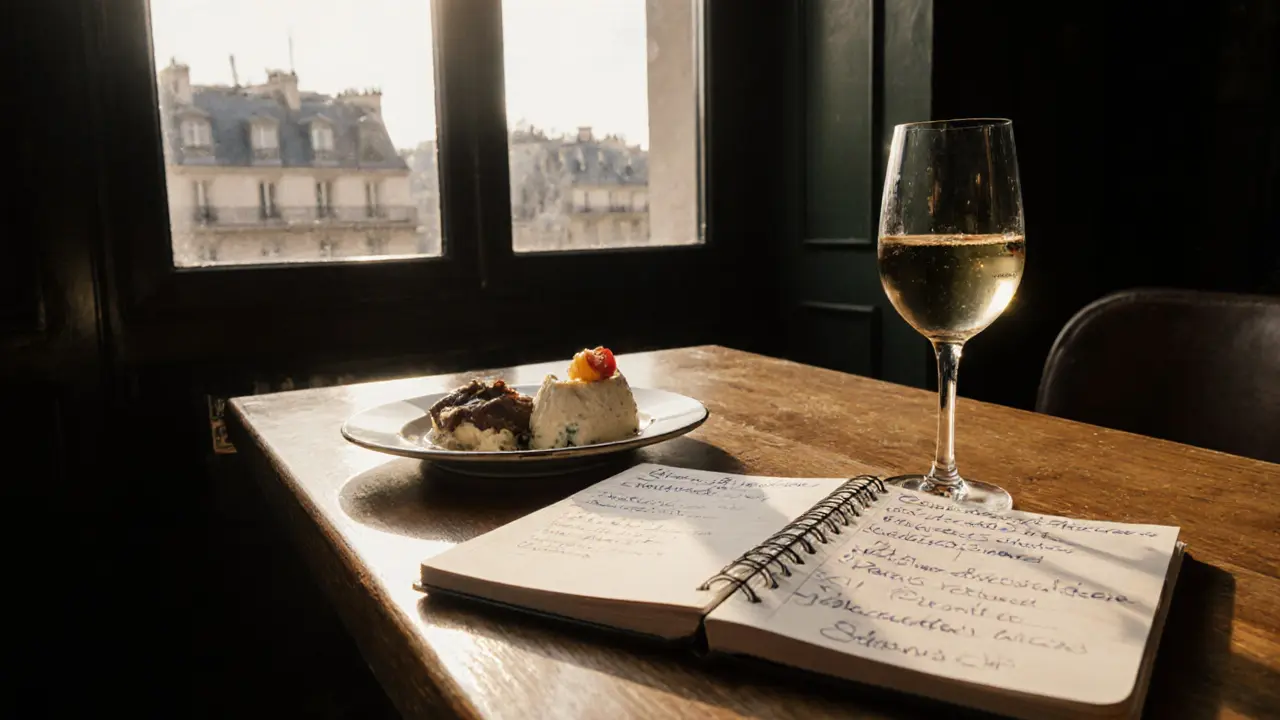 Notebook with cheese notes beside duck liver mousse and wine in a Paris bistro.