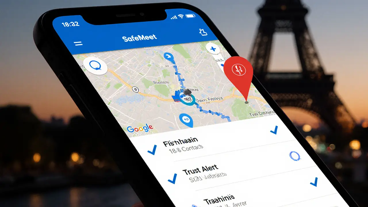 Smartphone screen showing a safety app with live location tracking and alert system in Paris.