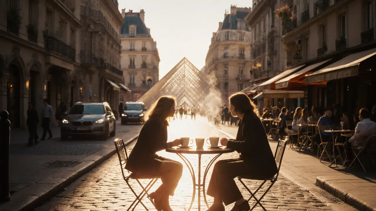 Three Paris neighborhoods merge into one moment of quiet connection at a cozy bistro table under soft lamplight.
