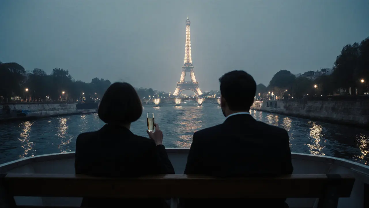 Two figures on a Seine ferry at night, Eiffel Tower sparkling in the distance, reflections on the water.