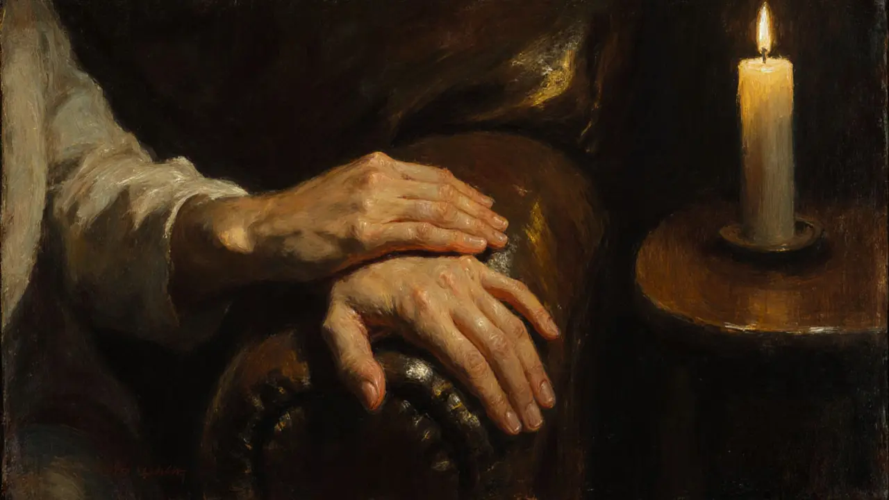 Two hands gently touching on a leather sofa, illuminated by candlelight, conveying quiet connection and trust.