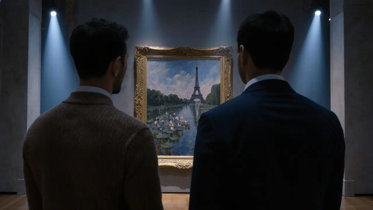 Two men admiring a Monet painting in the empty Musée d&#039;Orsay after hours, soft museum lights glowing.