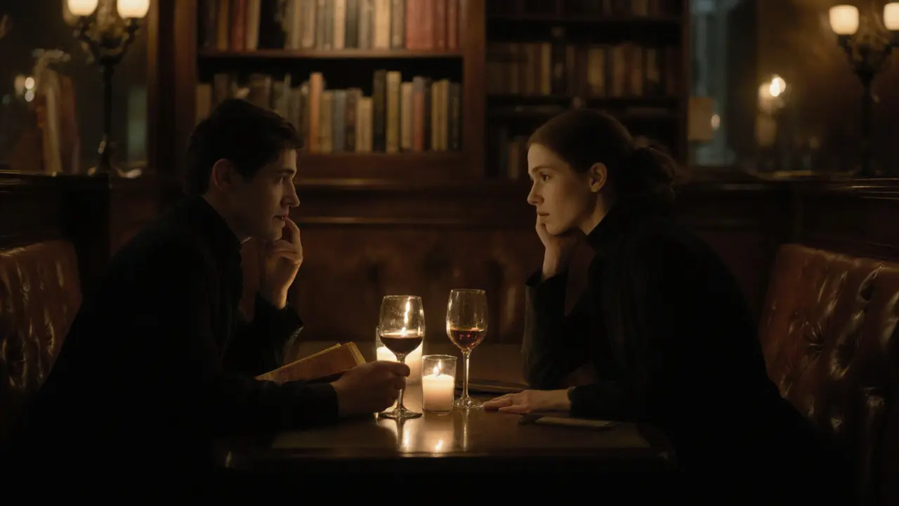 Two people having a quiet, intimate conversation in a historic Paris café at night.