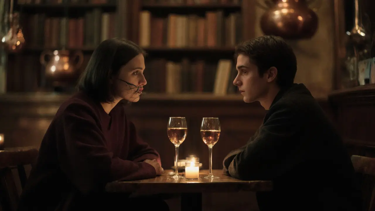 Two people in a dim bistro sharing quiet conversation over wine, books and copper pots in the background.