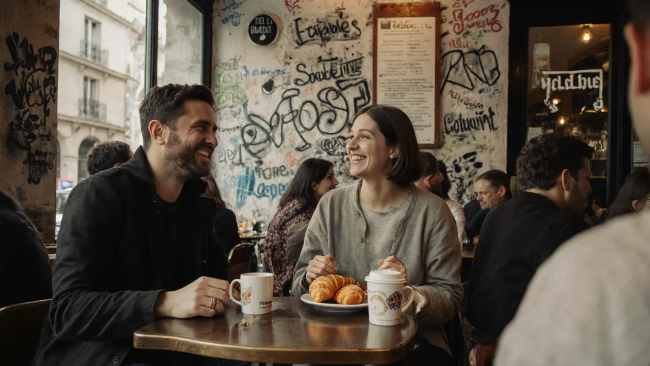 Two people laughing over coffee in a vibrant café in Belleville, surrounded by local Parisian charm.