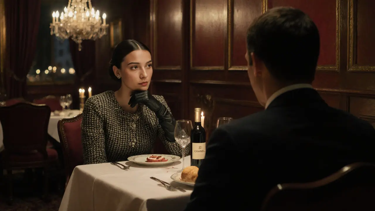 Two people share a quiet dinner at Le Grand Véfour, candlelight reflecting off fine china and wine glasses.