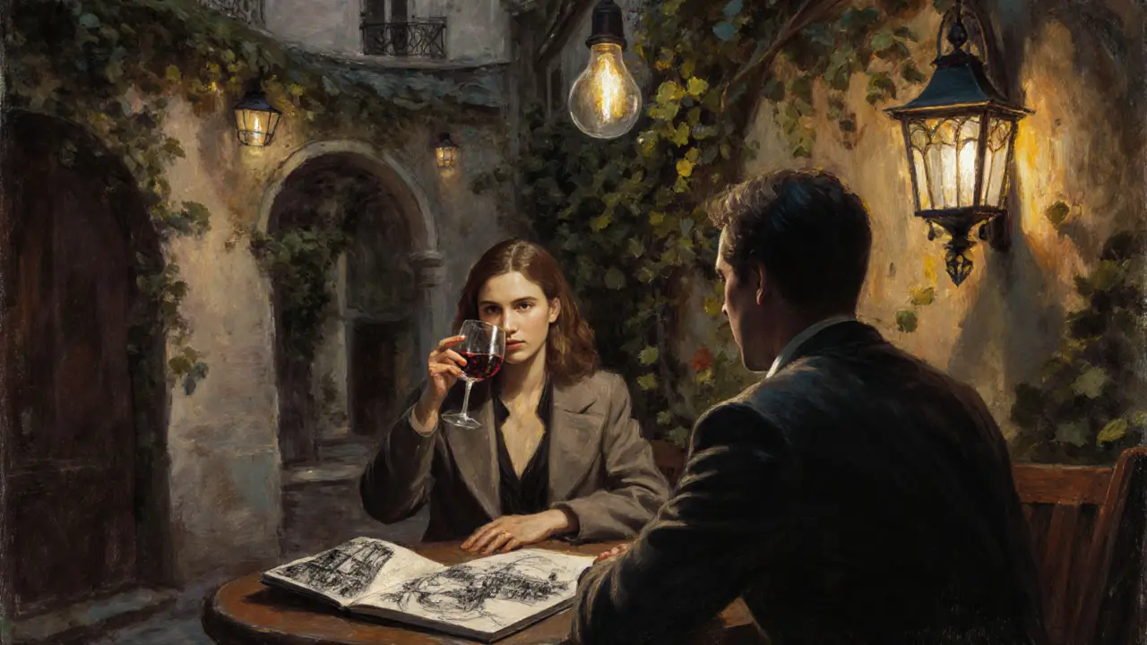 Two people share quiet wine in a vine-covered Parisian courtyard, sketchbook open on the table.