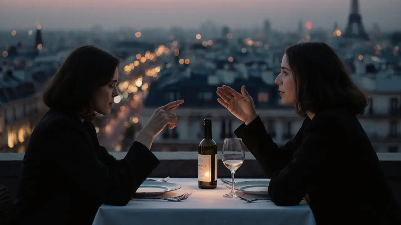 Two people sharing a quiet rooftop dinner in Paris, city lights behind them, atmosphere of connection, not transaction.