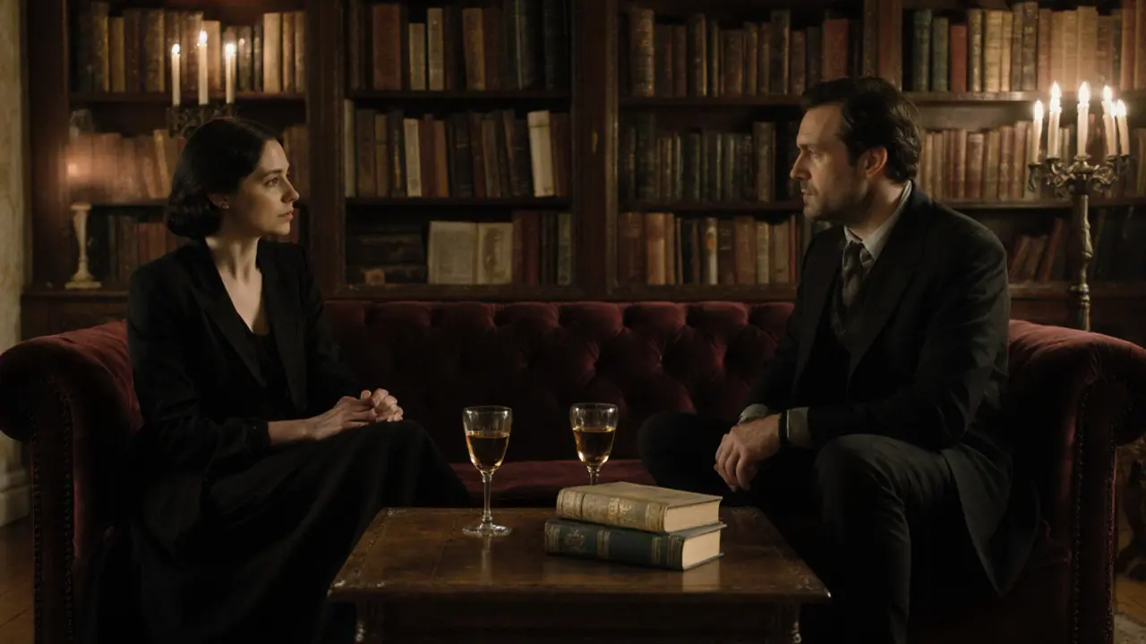 Two people sitting quietly in a book-filled apartment, sharing wine and silence.