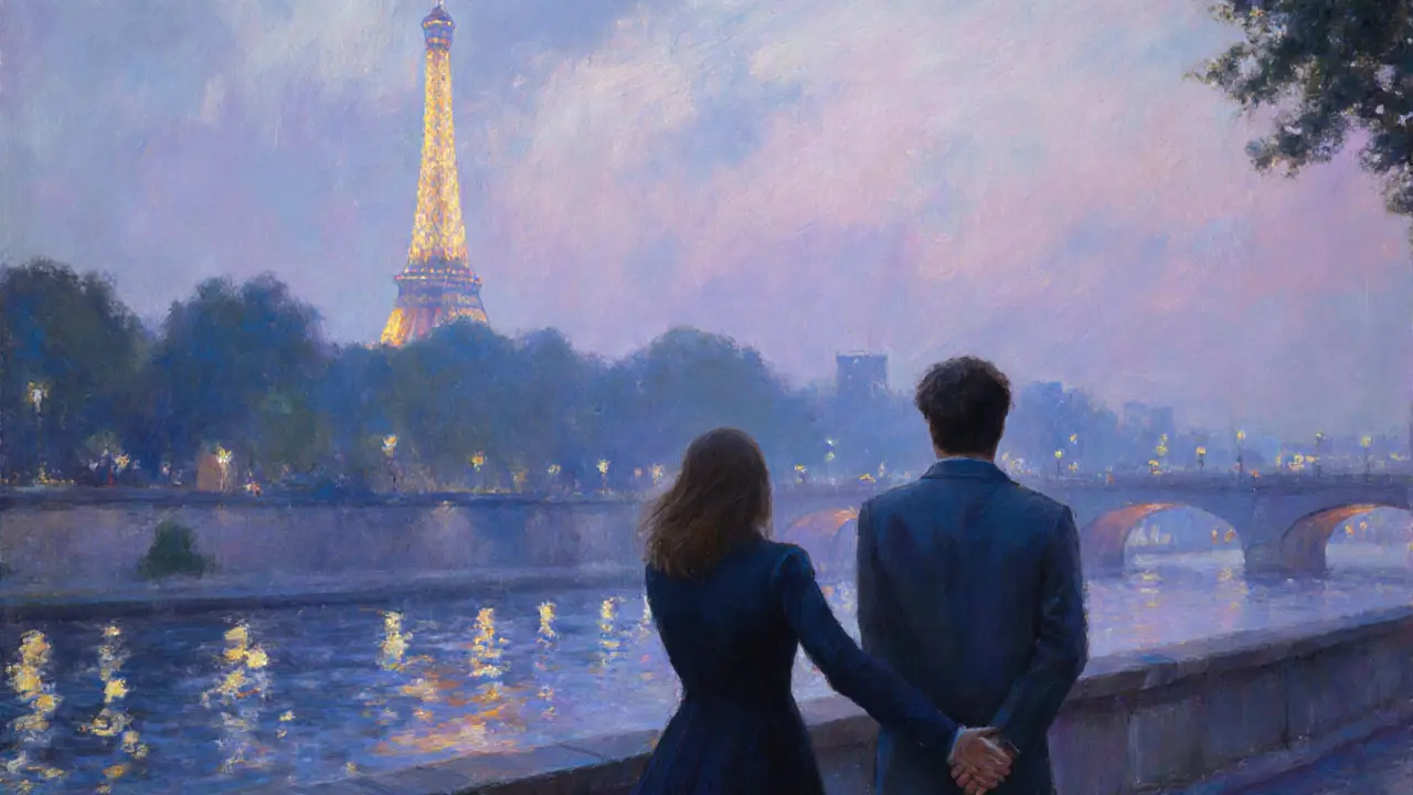 Two people walking peacefully along the Seine at dusk, city lights reflecting on water.